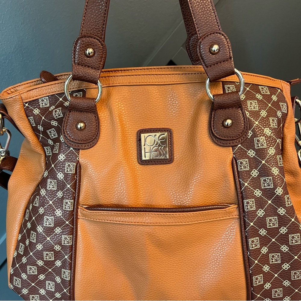 Jose Hess Brown and Tan Designer Handbag long and short straps, gold hardware.